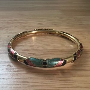 Vintage Enamel Cloisonné Butterfly Colorfull Gold Tone Bangel Bracelet